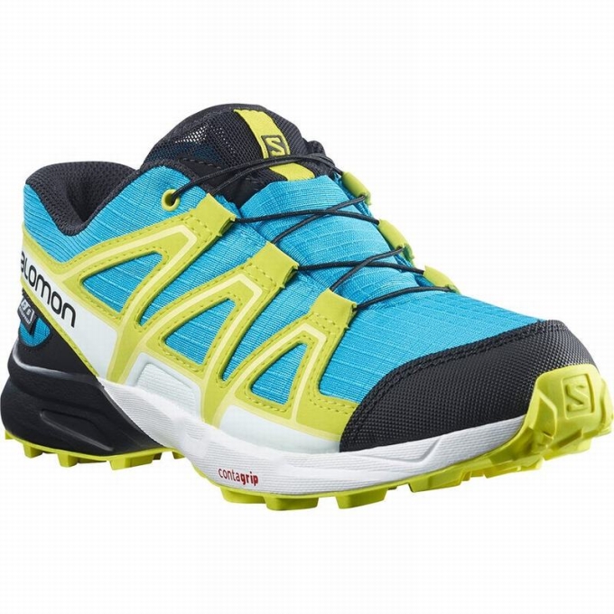 Blue / Green Salomon SPEEDCROSS CLIMASALOMON WATERPROOF Kids' Trail Running Shoes | AE-560UQAY