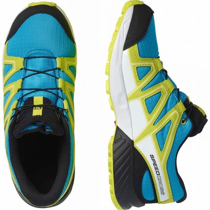 Blue / Green Salomon SPEEDCROSS CLIMASALOMON WATERPROOF Kids' Trail Running Shoes | AE-560UQAY