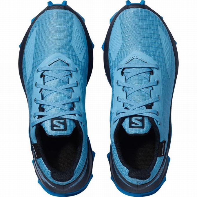 Blue / Navy Salomon ALPHACROSS BLAST CLIMASALOMON WATERPROOF Kids' Trail Running Shoes | AE-209PSNH