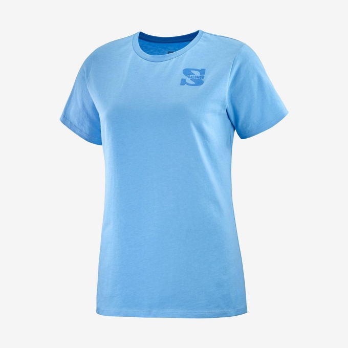 Light Blue Salomon OUTLIFE SMALL LOGO SS W Short Sleeve Women's T Shirts | AE-507IRSJ