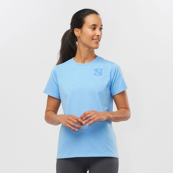 Light Blue Salomon OUTLIFE SMALL LOGO SS W Short Sleeve Women\'s T Shirts | AE-507IRSJ