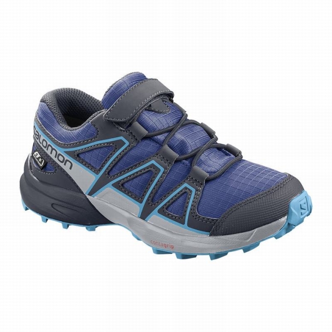 Navy / Blue Salomon SPEEDCROSS CLIMASALOMON WATERPROOF Kids\' Trail Running Shoes | AE-407ZGXU