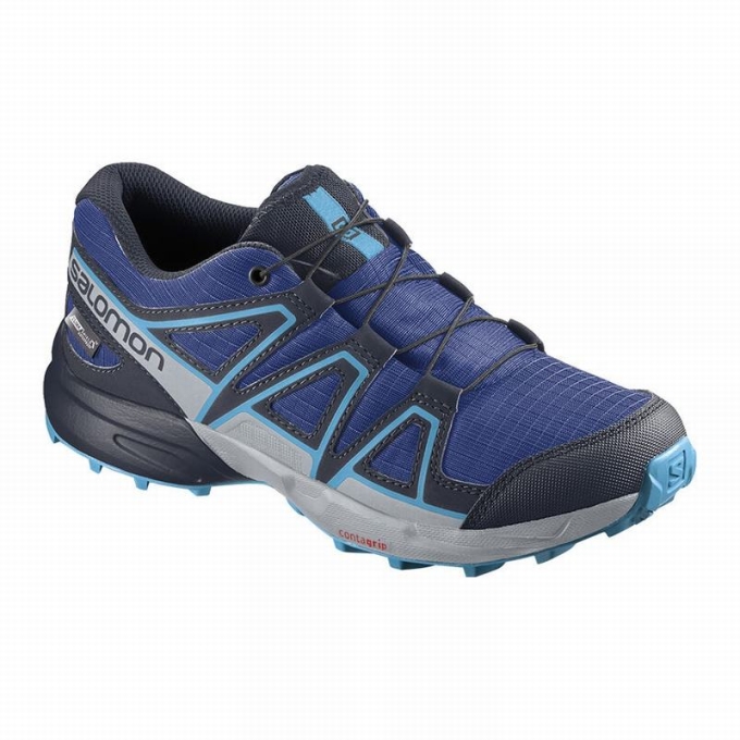 Navy / Blue Salomon SPEEDCROSS CLIMASALOMON WATERPROOF Kids\' Trail Running Shoes | AE-681PMCL