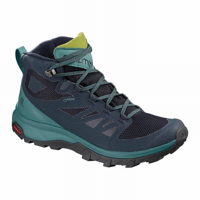 Navy / Green Salomon OUTLINE MID GORE-TEX Women\'s Hiking Boots | AE-563UCYM