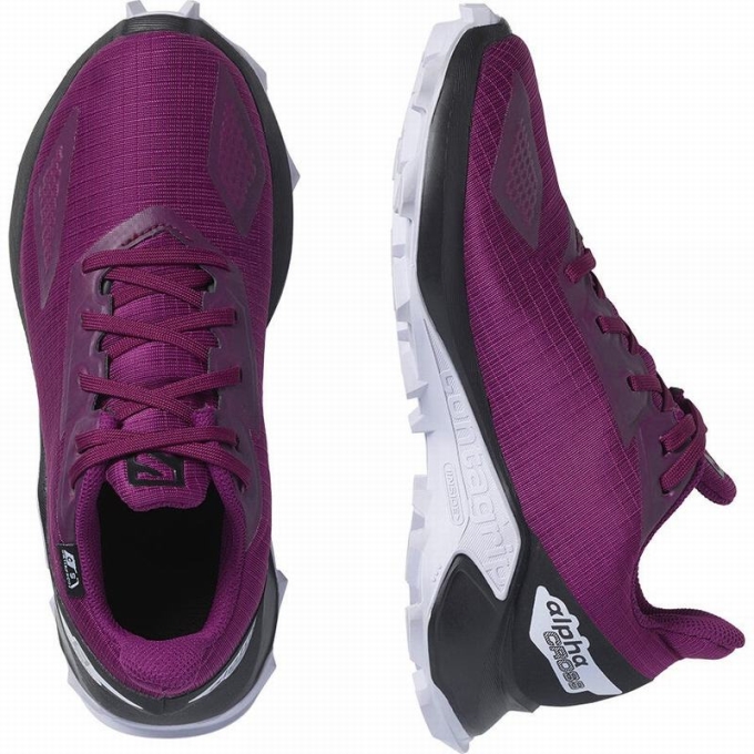 Purple / Black Salomon ALPHACROSS BLAST CLIMASALOMON WATERPROOF Kids' Trail Running Shoes | AE-208GWVD