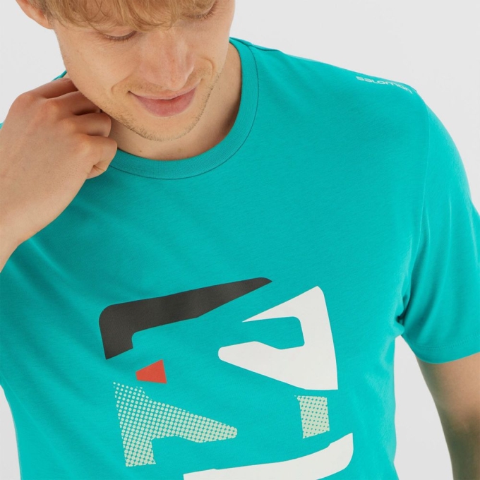 Turquoise Salomon OUTLIFE GRAPHIC DISRUPTED LOGO SS M Short Sleeve Men's T Shirts | AE-471DZVT