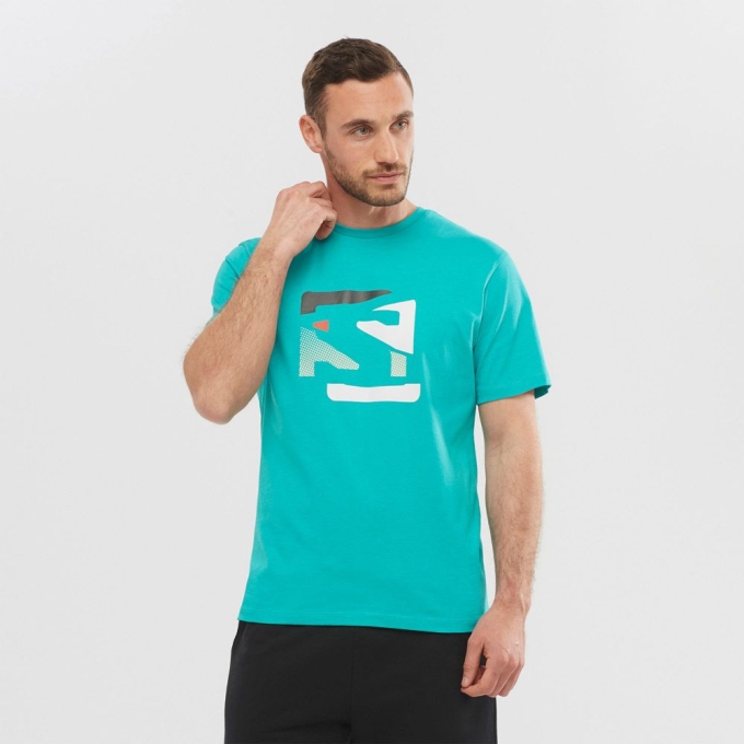 Turquoise Salomon OUTLIFE GRAPHIC DISRUPTED LOGO SS M Short Sleeve Men\'s T Shirts | AE-471DZVT