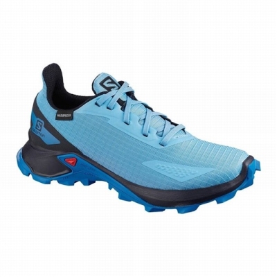 Blue / Navy Salomon ALPHACROSS BLAST CLIMASALOMON WATERPROOF Kids' Trail Running Shoes | AE-209PSNH