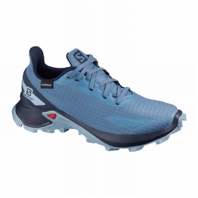 Blue / Navy Salomon ALPHACROSS BLAST CLIMASALOMON WATERPROOF Kids' Trail Running Shoes | AE-324ZVER